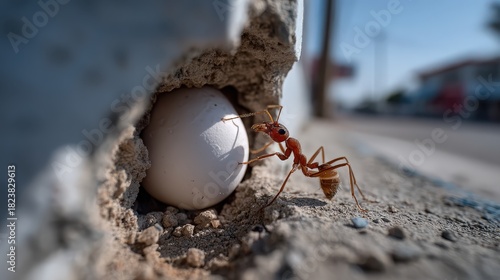 Fototapeta Naklejka Na Ścianę i Meble -  An ant is seen interacting with a fragile egg in an urban setting, showcasing the delicate balance of life and the hidden wonders that often go unnoticed in everyday environments.