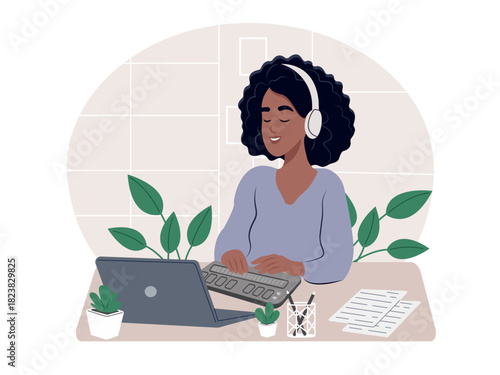 World Braille Day. An African American blind woman reads braille. Smiling woman uses a computer with an updated Braille display or Braille terminal. Vector flat illustration
