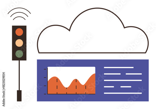 Cloud icon above data dashboard with orange chart and text lines. Wireless smart traffic signal included. Ideal for IoT, sustainability, smart cities, technology, analytics, cloud services