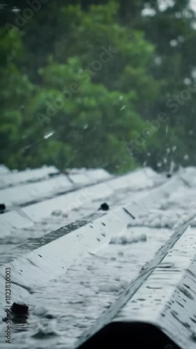 Hyperrealistic close-up video: heavy rain & hail pelt dark, slick corrugated metal roof, forming splash crowns, bubbles; lush green bokeh background. Intense downpour atmosphere