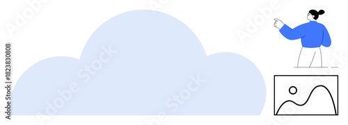 Woman gestures near a large cloud graphic and a picture frame, representing data storage, creativity, and technology. Ideal for cloud technology, storage, analytics, creativity, innovation teamwork