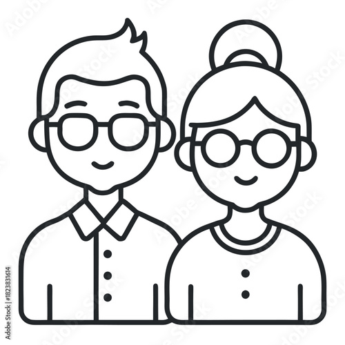 Cartoon vector illustration of smiling old man and woman wearing glasses