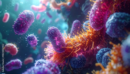 Wallpaper Mural Close-up of vibrant, colorful bacteria-like organisms suspended in a fluid environment, with varying shapes and textures Torontodigital.ca