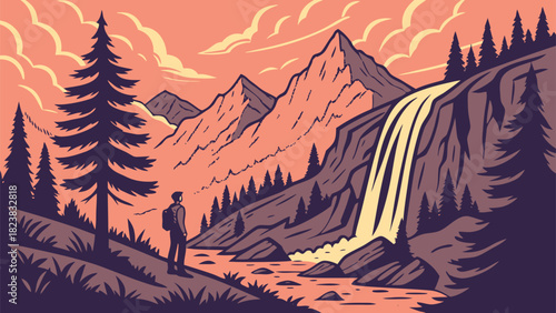 Lone hiker gazes at majestic waterfall and mountain landscape at sunset