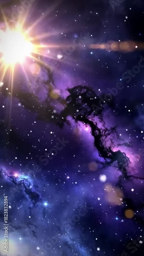 A radiant star with golden-white light rays glows in a vast cosmic canvas of indigo and amethyst, surrounded by twinkling stars and mystical nebulae. Majestic crane video with bokeh. Celestial