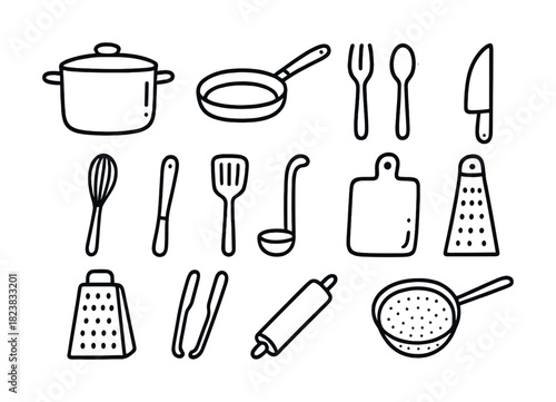 Vector Hand-drawn kitchen utensil set: cookware, cutlery, and gadgets illustration