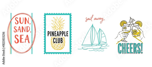 Summer vacation elements set: tropical pineapple club, beach quotes, sailboats, and cocktail toast.