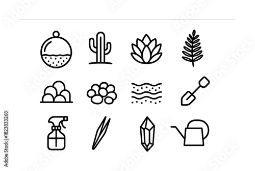 Vector Minimalist gardening icons: tools, plants, and decor for home and garden enthusiasts