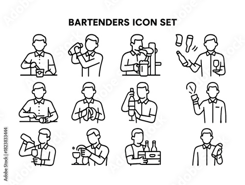 Vector Bartenders icon set: outline drawings of male bartenders in various cocktail-making poses