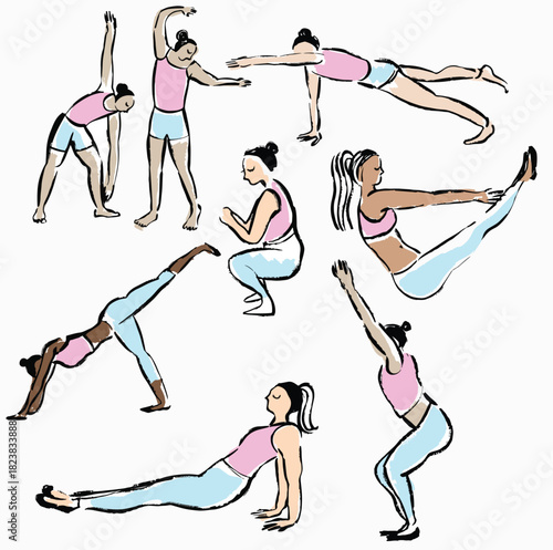 Set of yoga poses. Hand drawn doodles. Sport illustrations