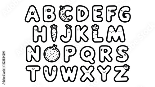 Cute alphabet letters with fruit and vegetable illustrations fun educational vector design for kids learning isolated on white background