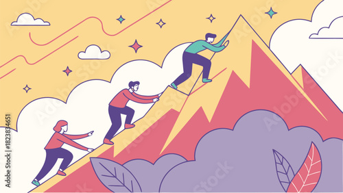 Team climbing mountain together towards success and achievement