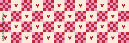 Abstract seamless pastel checkered background with pink hearts. A cute retro pattern soft tones, perfect for Valentine day designs, textiles, scrapbooking and digital textures.