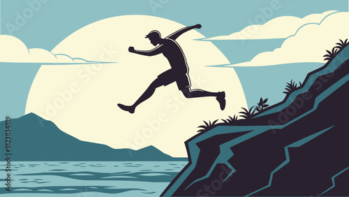 Silhouette of a man jumping from a cliff into the water at sunrise