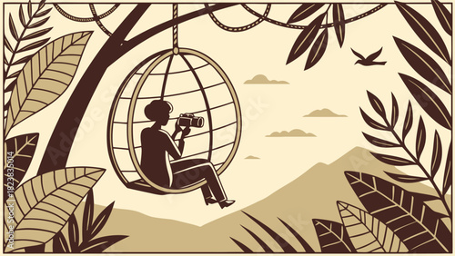 Person sitting in a hanging chair in a lush jungle taking photos