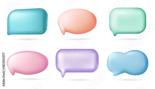 Set of realistic 3D speech bubbles in pastel colors. Glossy chat balloons for social media, messenger, web, mobile app. Modern empty message icons collection for communication, comment.