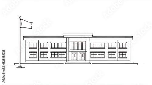 School building line art illustration educational institution with flag vector design for infographics and architectural plans