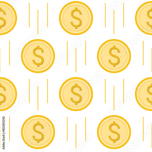 Seamless pattern of gold dollar coins. Background with falling coins. Cash. Print on the theme of investments, drops, savings, capital investments, loans and debt, vector graphic