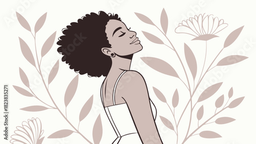 Stylized illustration of a woman with eyes closed and leaves in the background