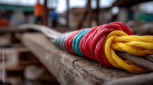 A close-up of a colorful knotted rope resting on a wooden surface, highlighting the intricate craftsmanship and attention to detail in creating functional items that enrich both form and function.