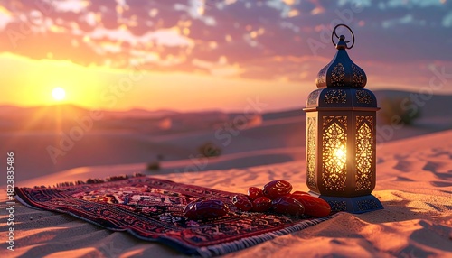 Fototapeta Naklejka Na Ścianę i Meble -  Ornate lantern & dates rest on a patterned rug atop sand dunes under a fiery sunset sky