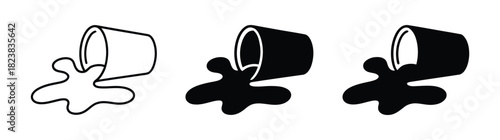 Black and white line art of a tipped coffee mug spilling liquid, minimalist concept illustration for mess, mistake, or energy themes. Minimalist coffee cup icon line art outline illustration 