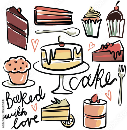 Cute baking illustrations with cupcakes, cheesecakes. Hand drawn cake clipart doodles.