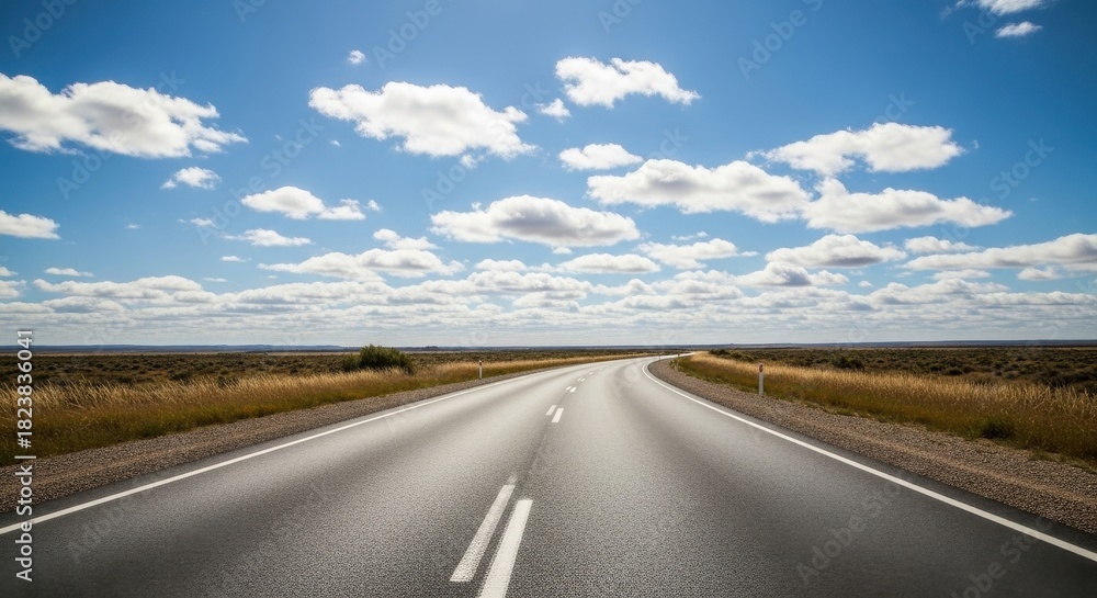 Fototapeta premium Endless highway journey under a bright sky dotted with fluffy cumulus clouds providing a sense of