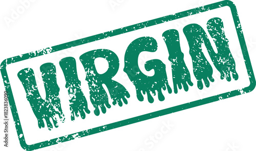 Distressed green rubber stamp style mark featuring the word Virgin in a melting liquid font