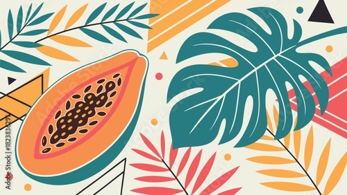 Tropical papaya fruit and monstera leaves with abstract shapes