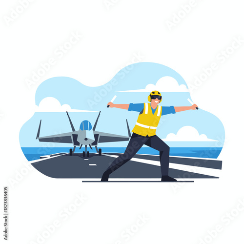 A dynamic flat illustration of an aircraft marshaller guiding a fighter jet on a carrier deck, highlighting coordination, aviation safety, and precise flight operations.