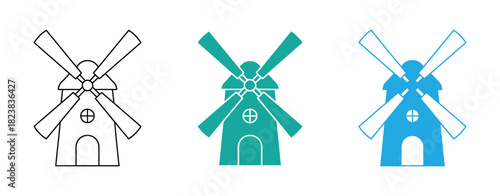 Traditional windmill icon. Simple silhouette of a farm windmill building. Symbol of rural landscape, renewable energy, and agriculture.
