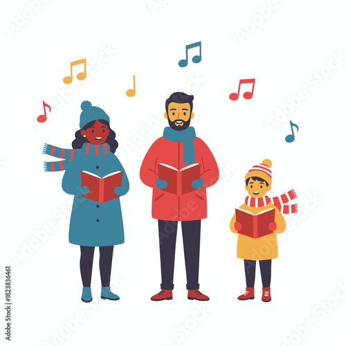 A cheerful family singing together outdoors, holding songbooks and surrounded by colorful musical notes, capturing a warm and joyful winter caroling moment.