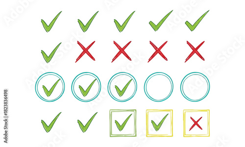 Hand-drawn collection of green check marks, red crosses, and empty circles for selection, feedback, and tasks