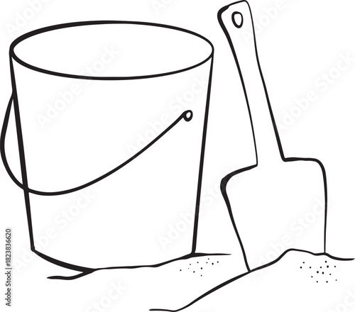 Bucket and spade clipart. Simple summer doodle. Hand drawn illustration.