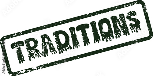 A classic style green rubber stamp imprints the word TRADITIONS on a clean surface