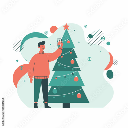 A cheerful person decorating a Christmas tree with ornaments, captured in a festive flat vector style that highlights holiday joy, winter warmth, and celebration.