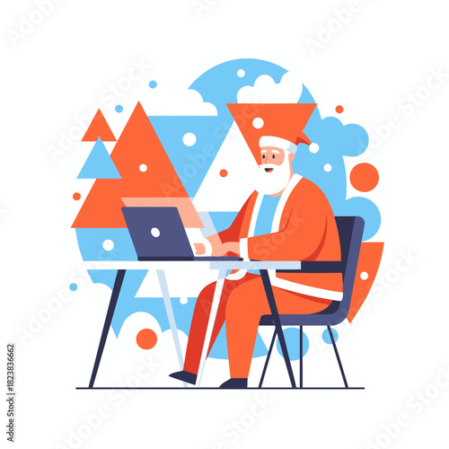A modern flat illustration of Santa Claus working on a laptop, blending festive holiday spirit with contemporary digital life in a bright and playful style.