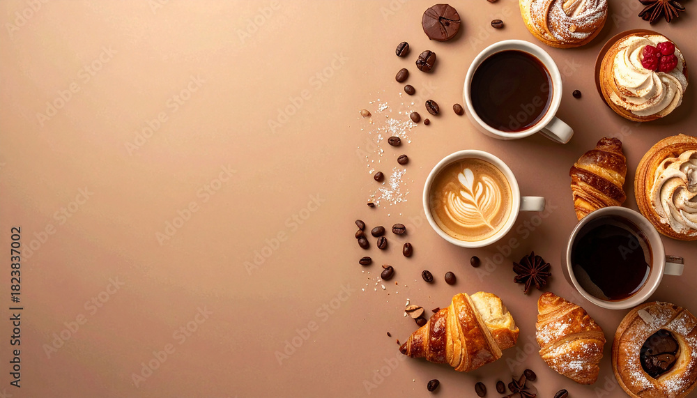 Obraz premium coffee cups and sweet desserts on a pastel brown background