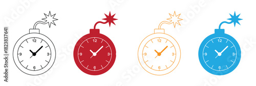 Deadline concept, clock time with bomb. Vector outline icon template
