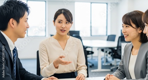 笑顔で和気あいあいとミーティングをしている20代日本人男女社員のチーム