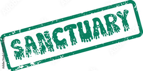 Green textured rubber stamp impression of the word SANCTUARY in a rectangular frame