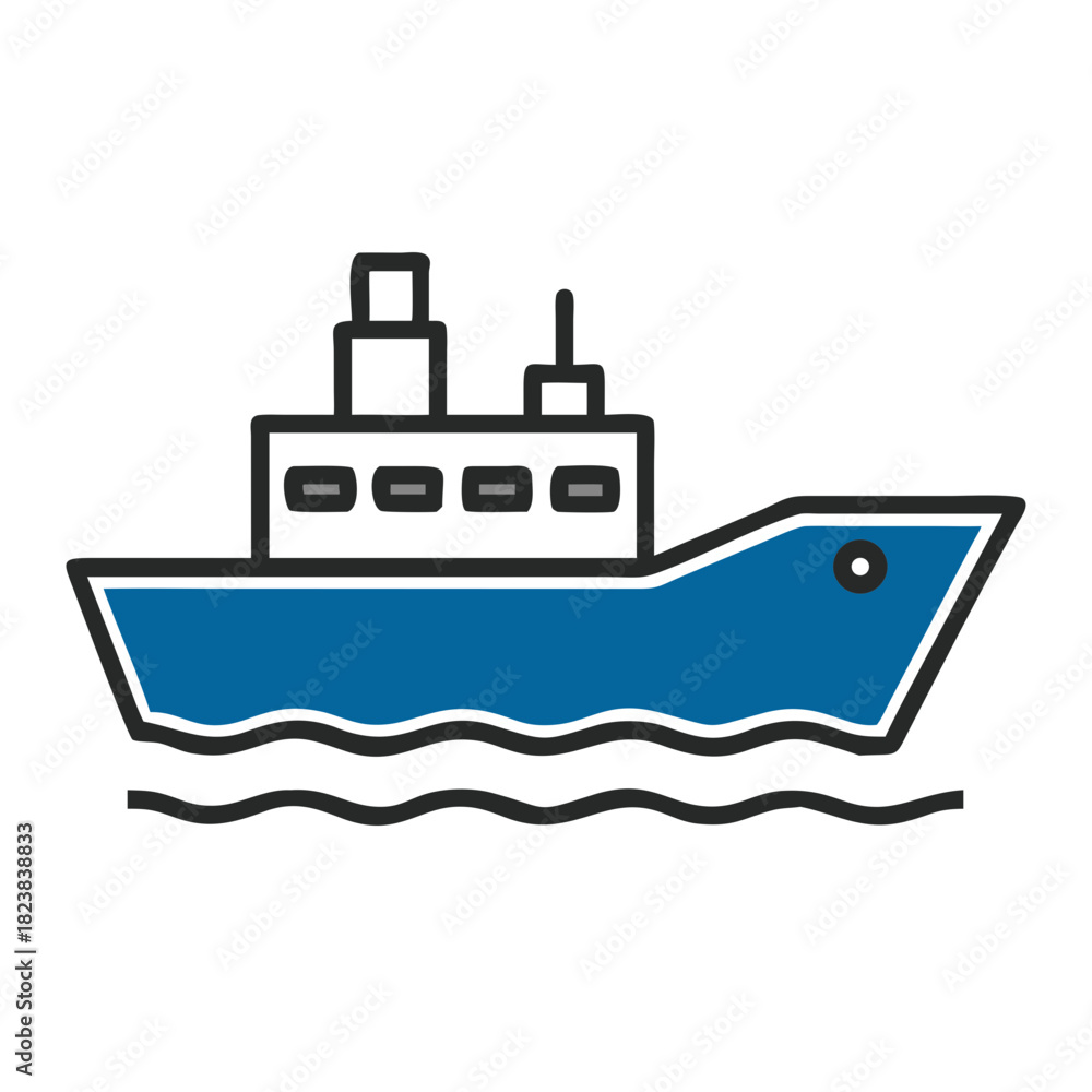 Obraz premium Blue cargo ship icon sailing on stylized waves 