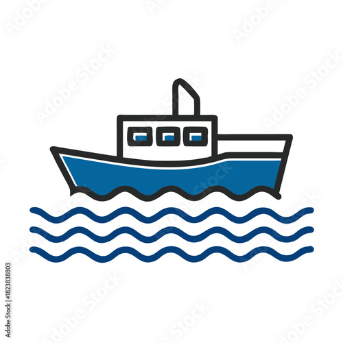 Simple illustration of fishing boat floating on stylized waves  