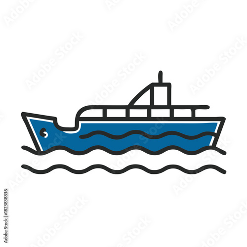 Cartoon fishing boat sailing on waves in calm waters  