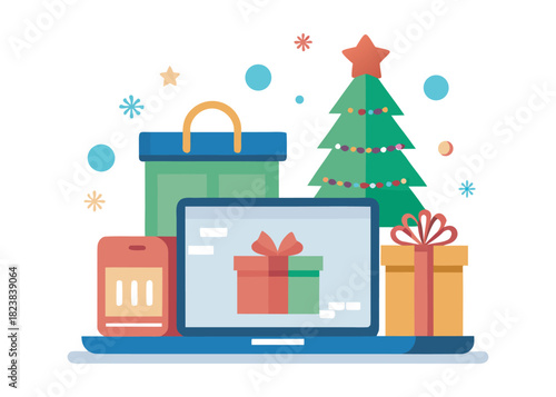 Christmas online shopping concept on laptop screen with gift boxes, shopping bags, and Christmas tree on desk, winter holidays sales, vector flat illustration. logo creative icon on white background.
