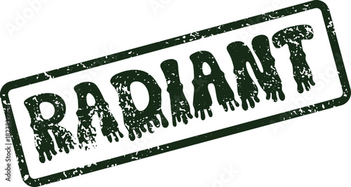 Distressed green rubber stamp bearing the positive word Radiant on a clear surface for messaging