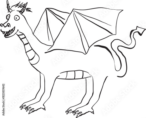Singular Dragon illustration. Mythical beast doodle. Hand drawn isolated clipart.