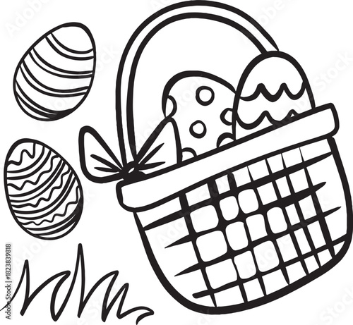 Easter basket clipart. Hand drawn illustration with easter eggs. Easter egg hunt doodle.