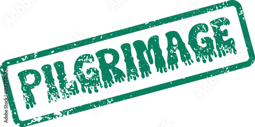 Emotive green grunge style rubber stamp impression featuring the profound word PILGRIMAGE on a clear white surface